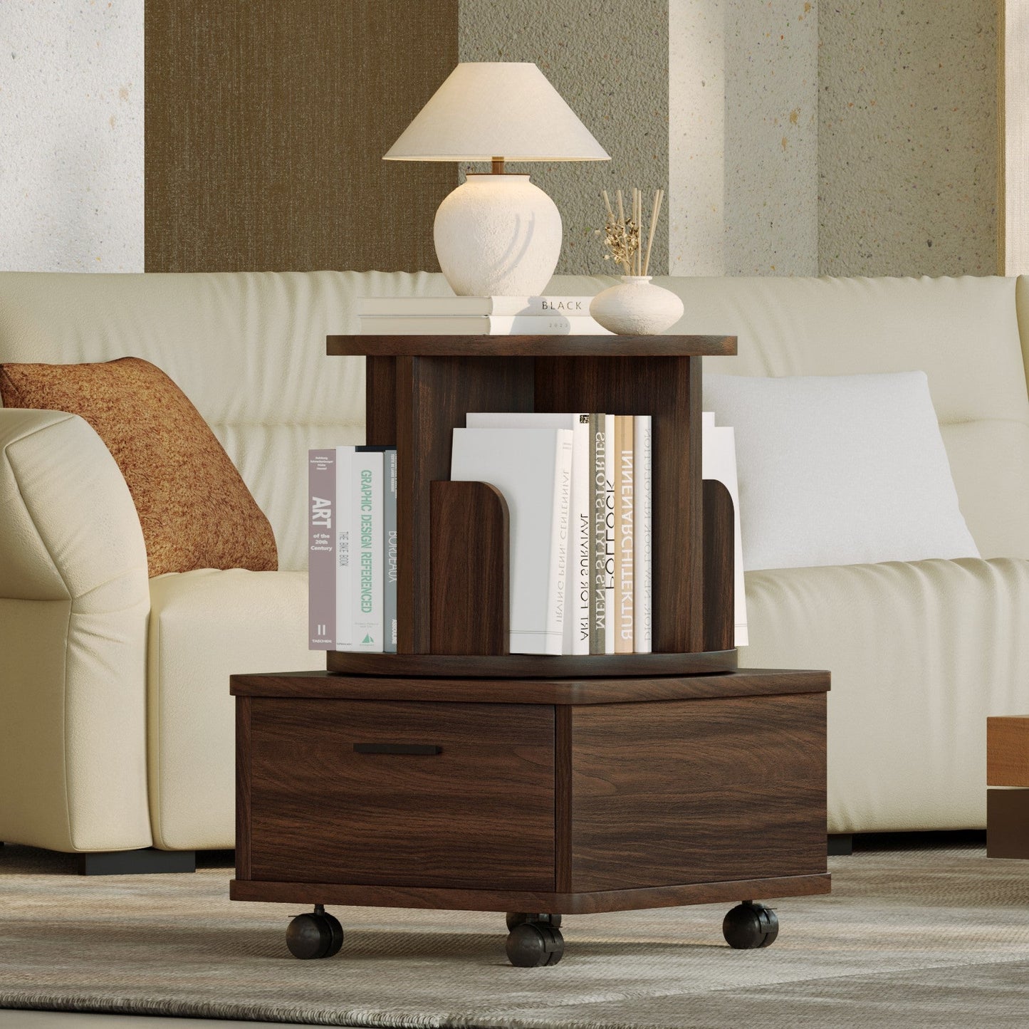 Yowos Bedside Night Stand with Storage Drawers Rotating Side Table