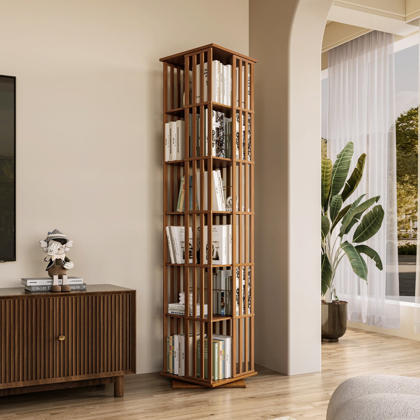 Yowos 6 Tiers Mid Century Narrow Rotating Bookcase Living Room