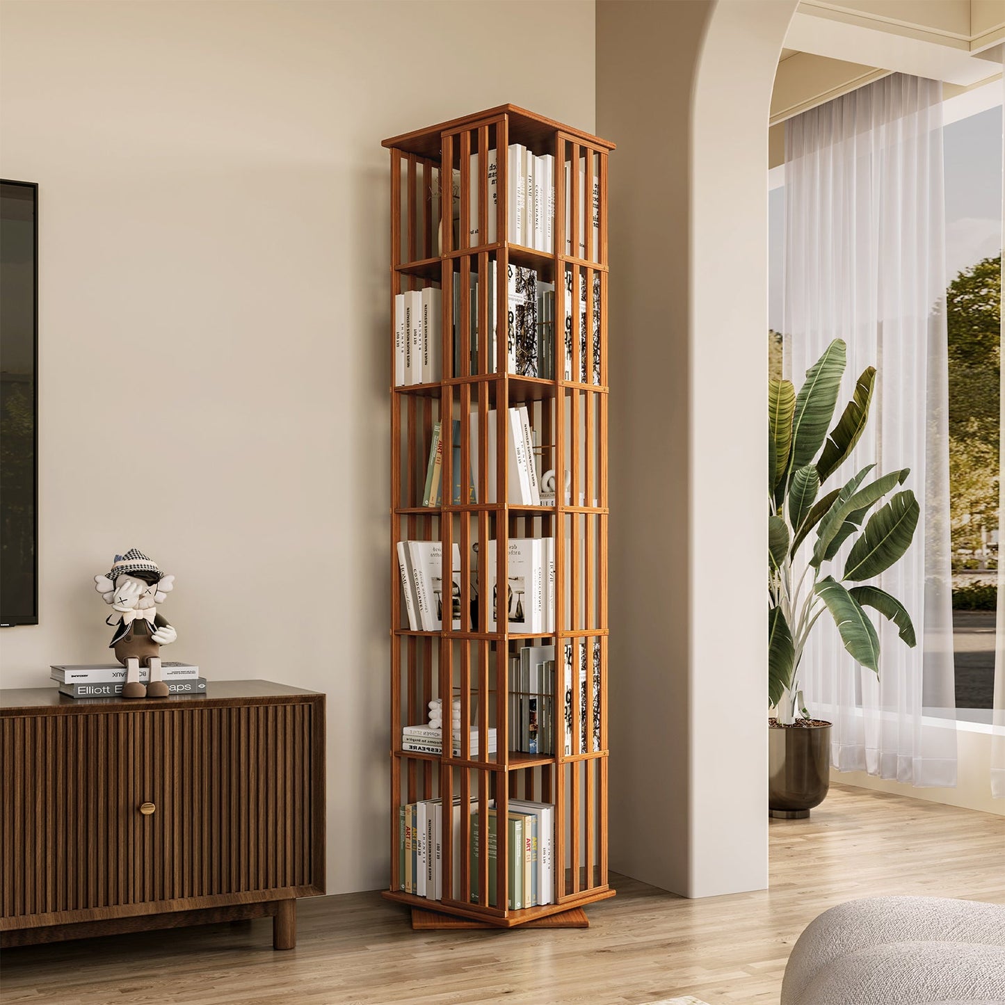 Yowos 6 Tiers Mid Century Narrow Rotating Bookcase Living Room