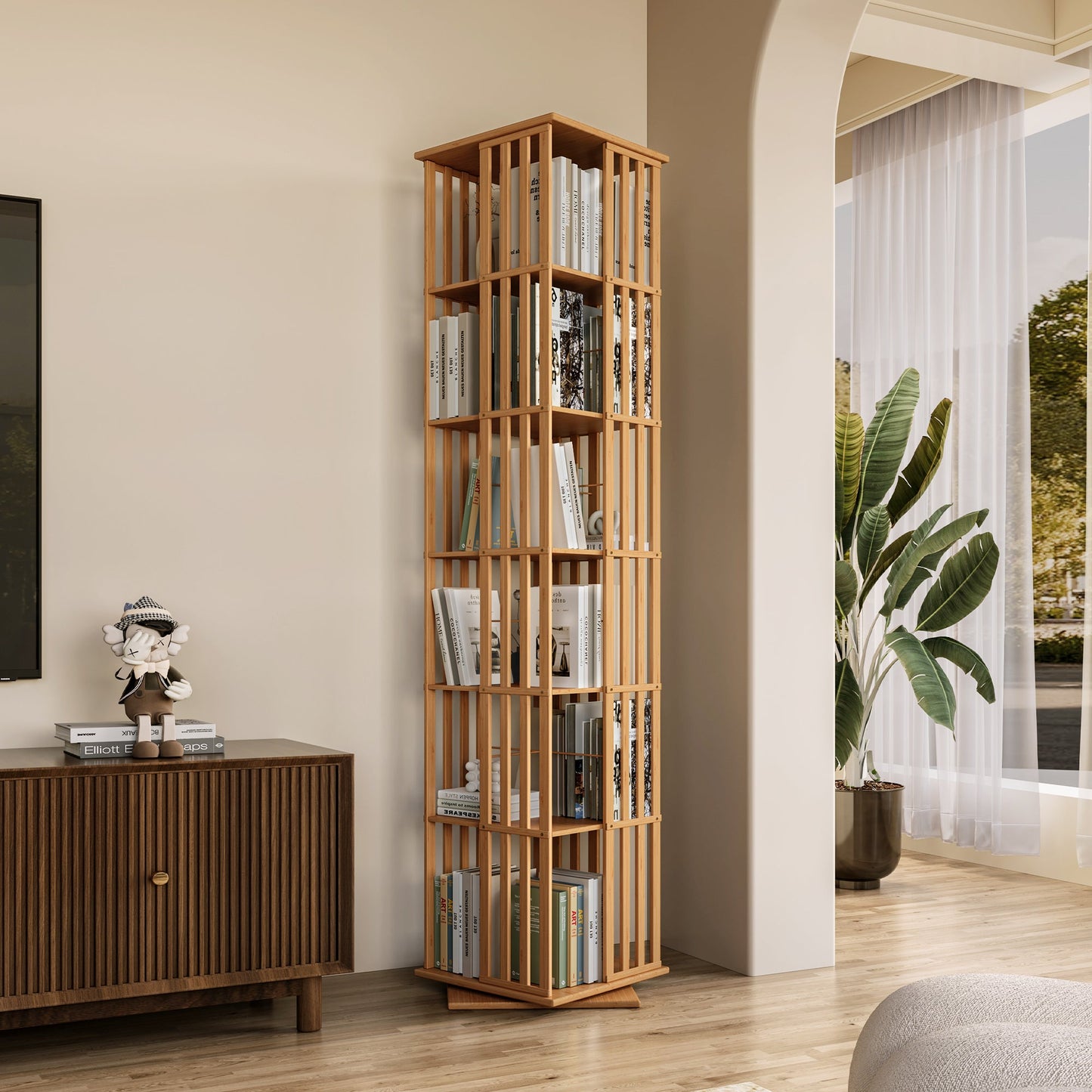 Yowos 5 Tiers Mid Century Narrow Rotating Bookcase Living Room