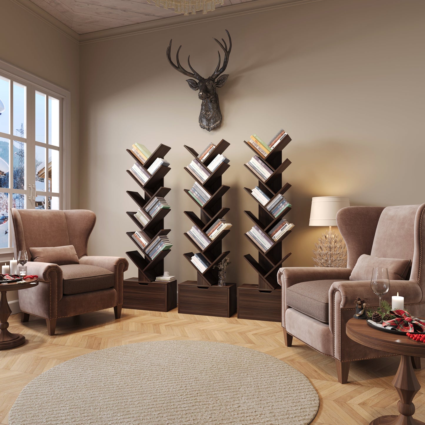 Yowos Vertical Tree Shaped Bookcase with Storage Cabinet