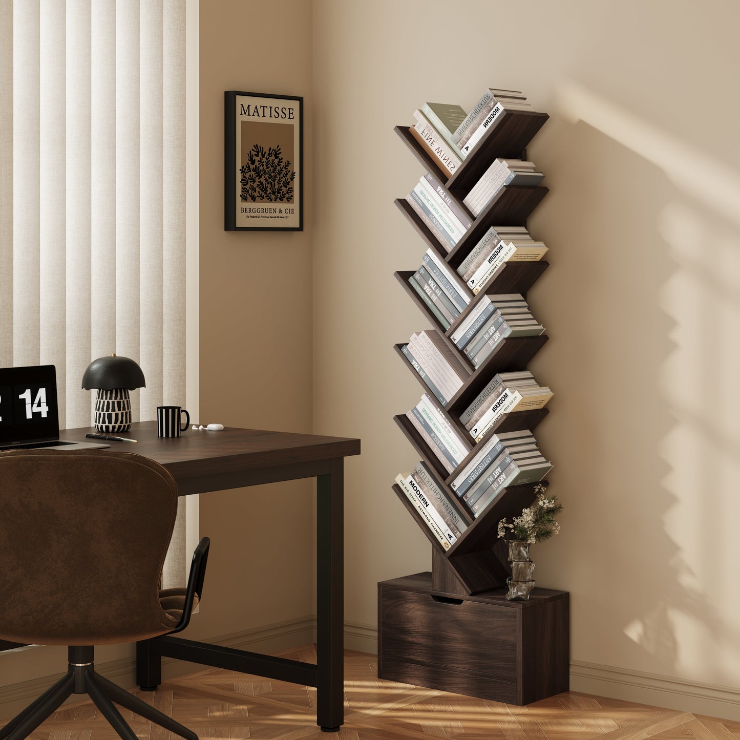 Yowos Vertical Tree Shaped Bookcase with Storage Cabinet