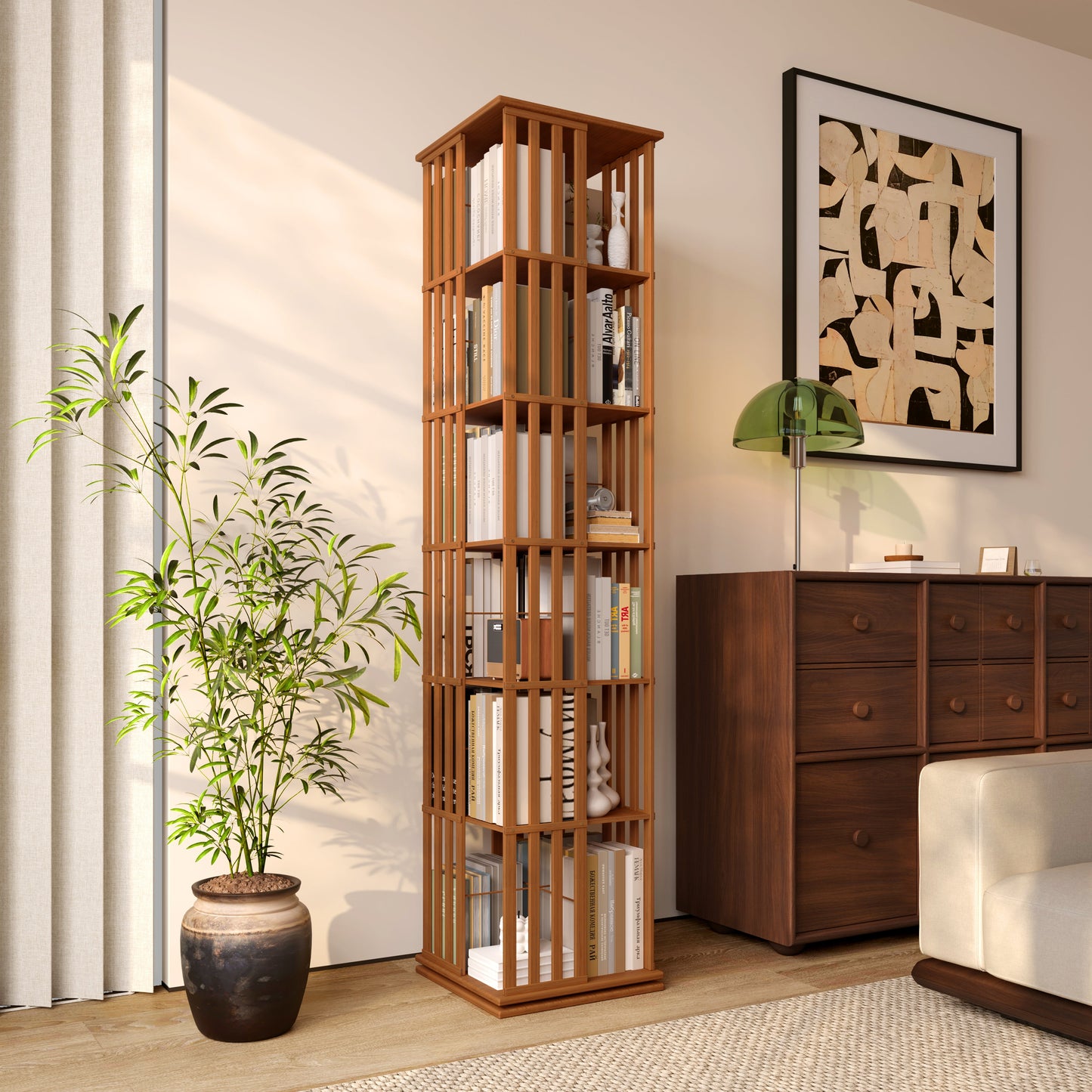 Yowos 6 Tiers Mid Century Narrow Rotating Bookcase Living Room