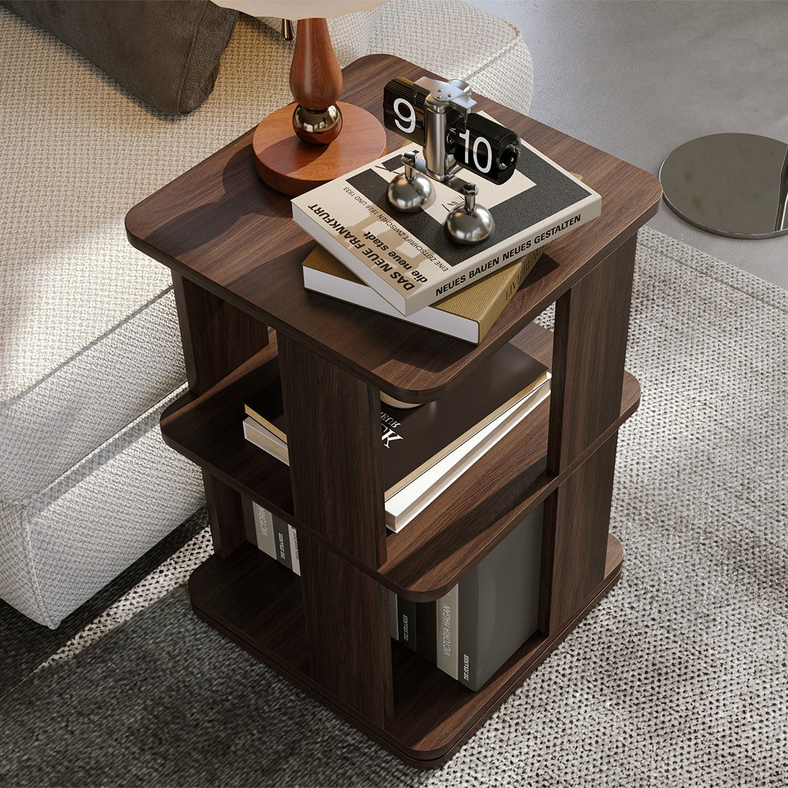 Yowos Retro Storage Nightstand Rotating Walnut Wood Finish