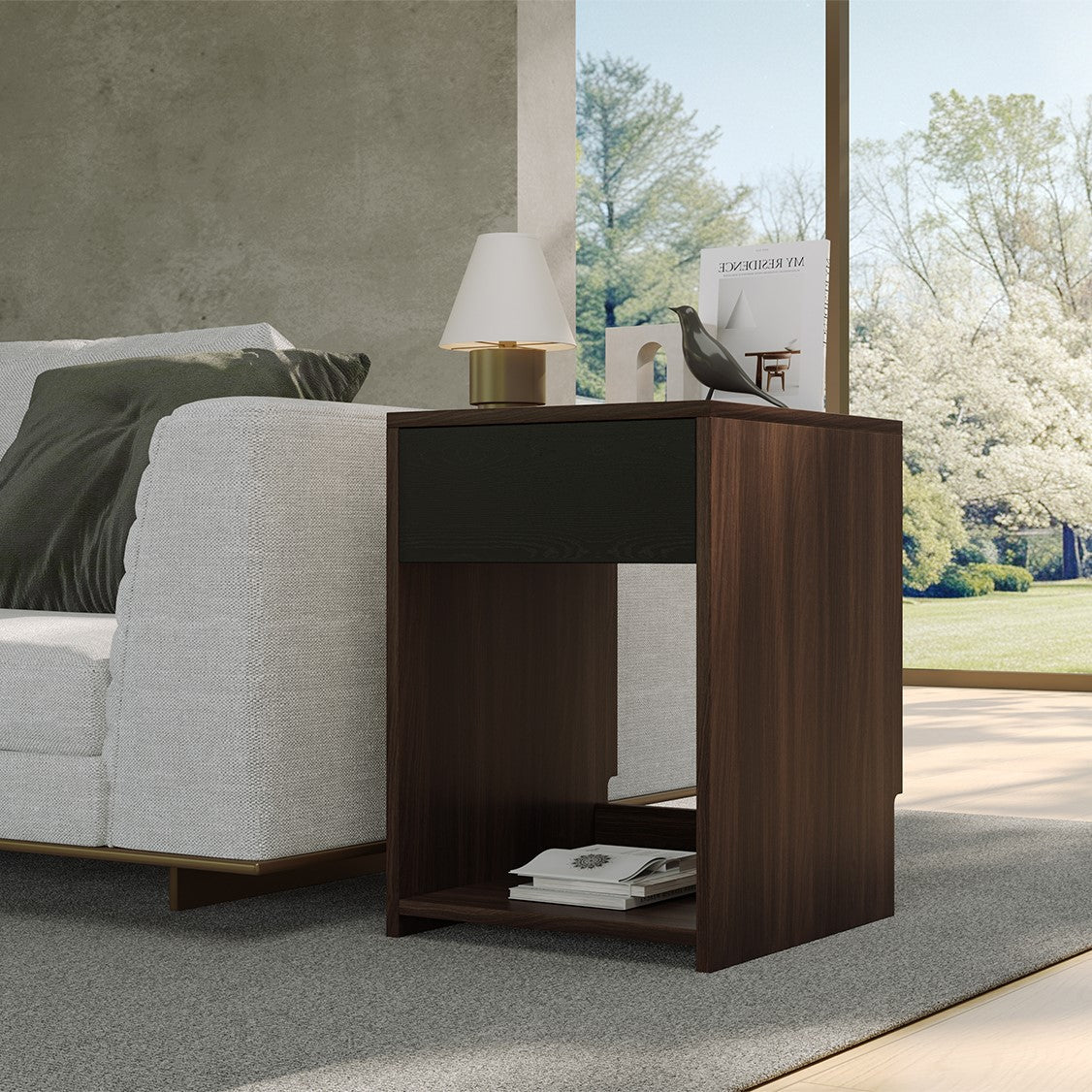 Yowos Nightstand with Drawer and Shelf Walnut Wood Finish