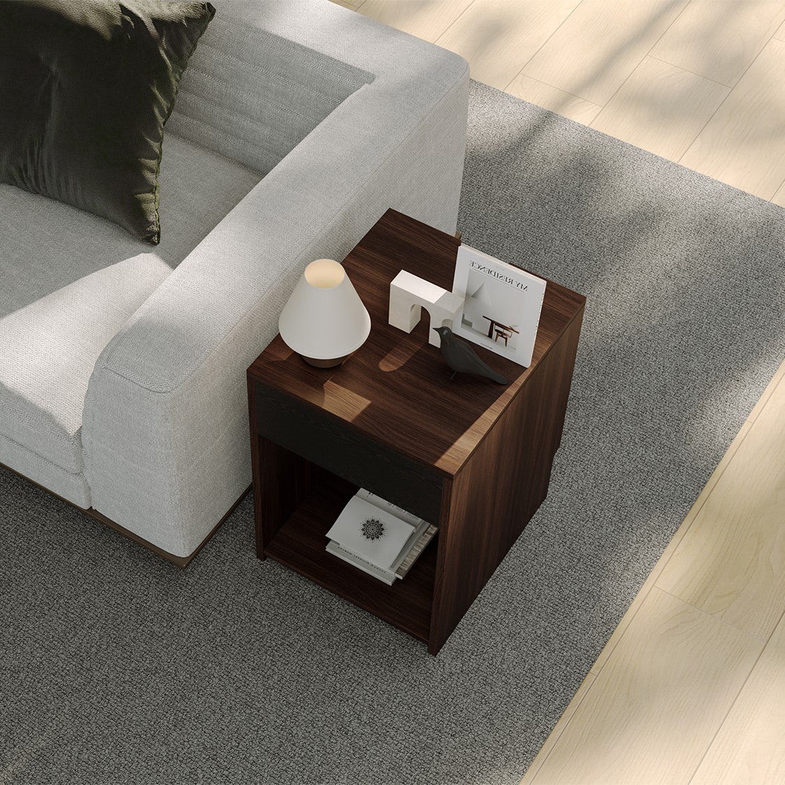 Yowos Nightstand with Drawer and Shelf Walnut Wood Finish