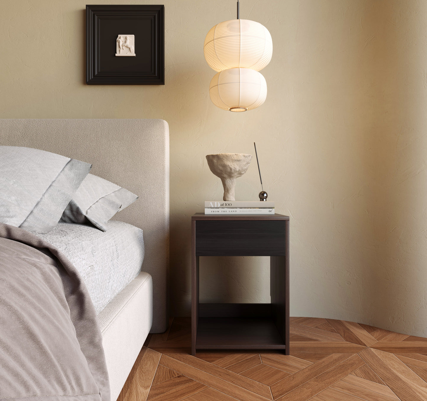 Yowos Nightstand with Drawer and Shelf Walnut Wood Finish