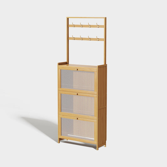 Yowos Rattan Slim Shoe Storage Cabinet with Hooks