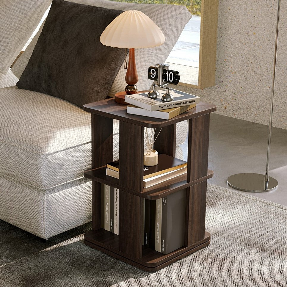Yowos Retro Storage Nightstand Rotating Walnut Wood Finish