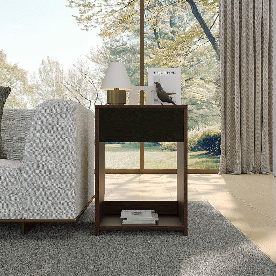 Yowos Nightstand with Drawer and Shelf Walnut Wood Finish