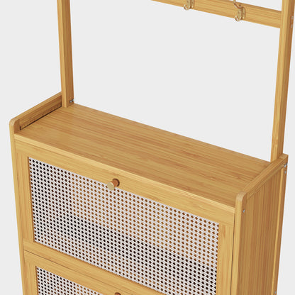 Yowos Rattan Slim Shoe Storage Cabinet with Hooks